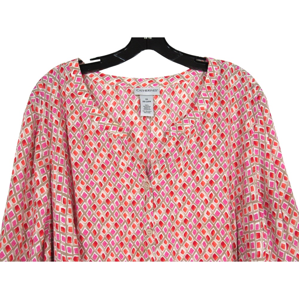 CATHERINES Georgette RED/PINK GEOMETRIC Button-Up TIE CUFF Blouse/Tunic Top 3X - Picture 2 of 5